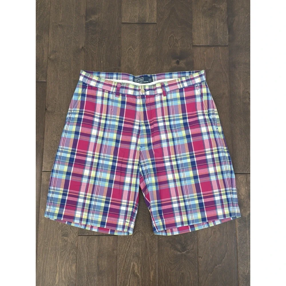 Vintage Polo Ralph Lauren Shorts Mens Size 35W Colorful Plaid 100% Cotton Y2K